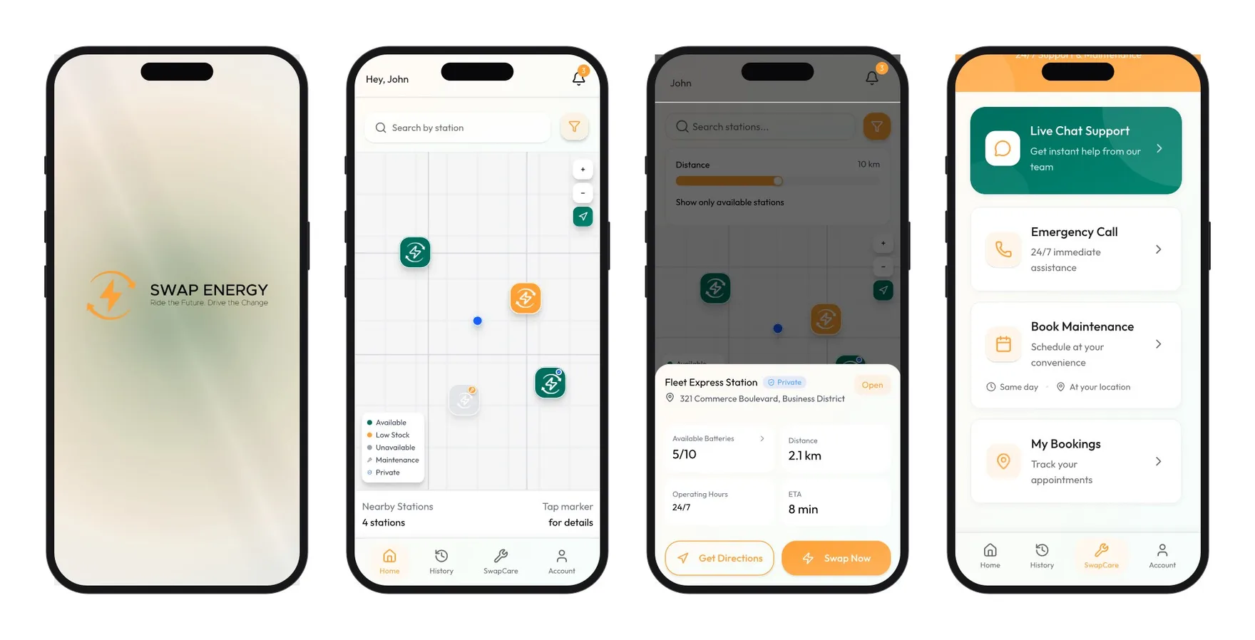 Swap Energy rider app: splash, station map, station detail, and SwapCare support screens