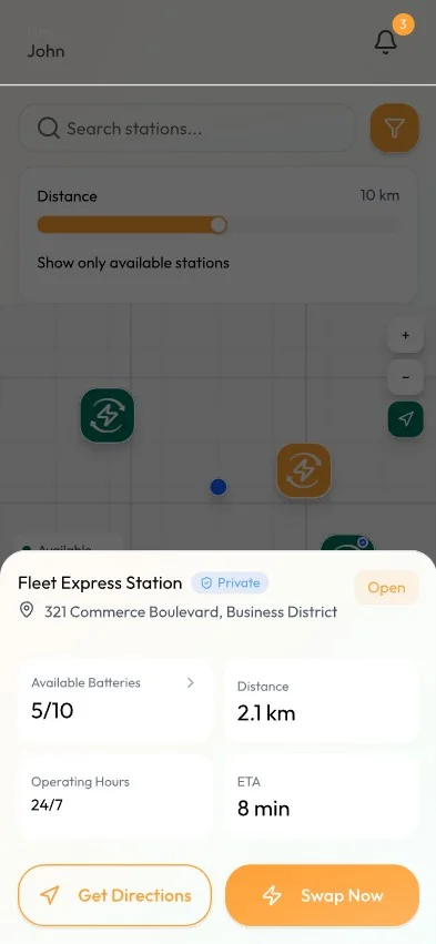 Rider app station detail screen: available batteries, distance, ETA, and swap actions