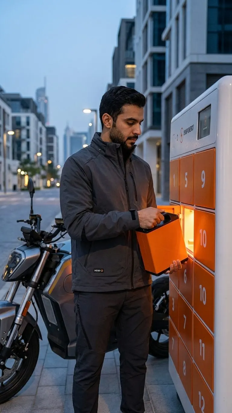 Rider swapping a battery at a Swap Energy station