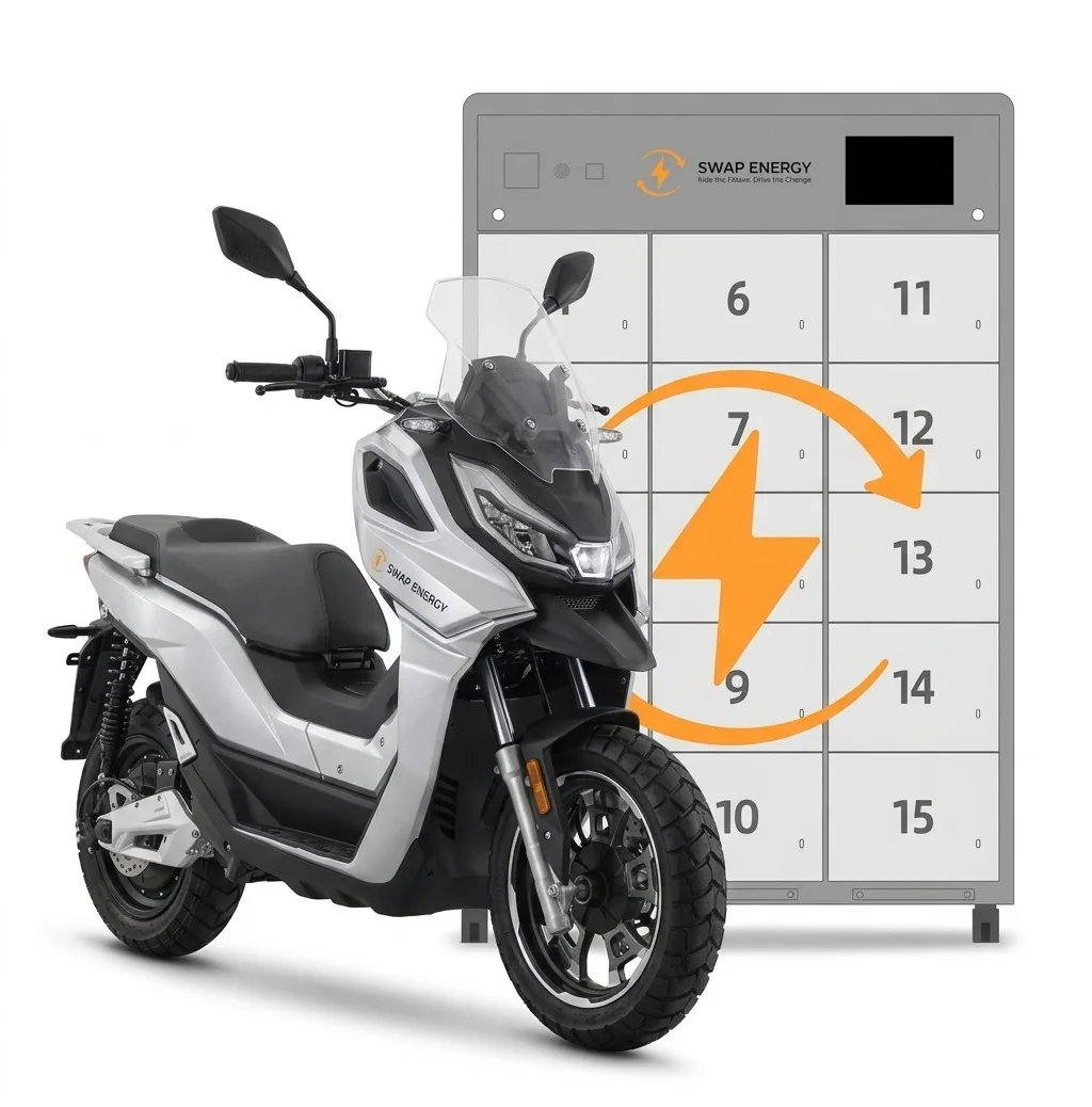 Swap Energy electric motorcycle beside a 15-bin battery swapping station